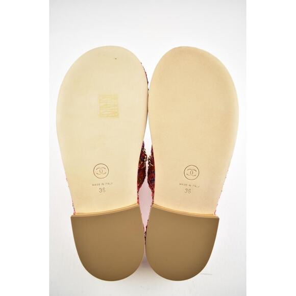 Chanel 20S Red Blue Purple Raffia Tweed CC Logo Mule Slide Strap Flat Sandal 36 - Picture 12 of 12